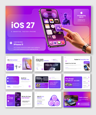 iOS 27 PowerPoint template showcasing Apple Intelligence, Siri AI, features, roadmap, and updates.