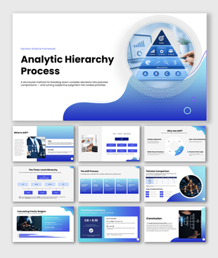 Analytic Hierarchy Process (AHP) PowerPoint template for decision-making, prioritization, pairwise analysis.