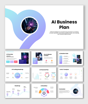 AI Business Plan presentation for strategy, market analysis, financial planning, roadmap, and growth.