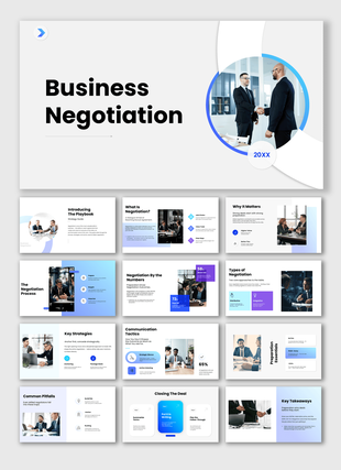 Business Negotiation presentation covering strategies, communication, tactics, deals, and outcomes.