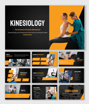 Kinesiology presentation covering human movement, biomechanics, rehabilitation, fitness, and health.