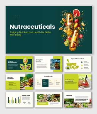 Nutraceuticals presentation covering types, ingredients, health benefits, applications, trends, and advantages.