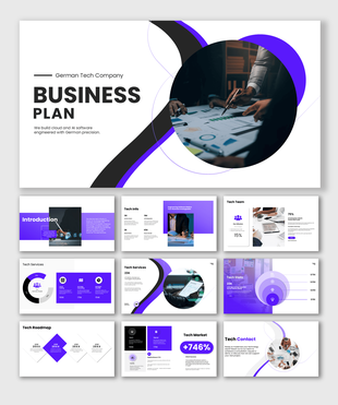 German Tech Company Business Plan covering services, team, market, roadmap, growth strategy, and goals.
