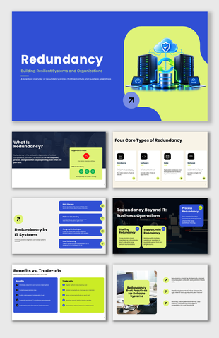 Redundancy presentation covering resilient systems, IT infrastructure, failover, backups, benefits, and best practices.
