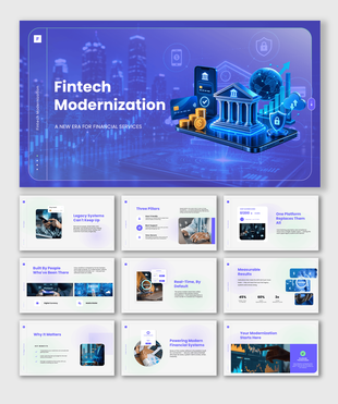 Fintech Modernization presentation covering digital finance, legacy systems, security, automation, and innovation.
