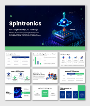 Spintronics PPT exploring electron spin, magnetic properties, devices, applications, and future technologies.