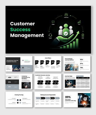 Customer Success Management PPT covering customer journeys, retention, engagement, success metrics, and growth strategies.