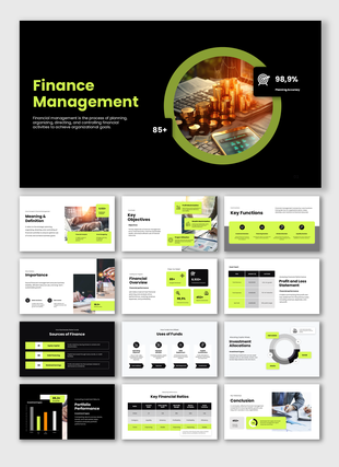 Financial Management PPT covering planning, budgeting, investment, financial analysis, reporting, and performance control.