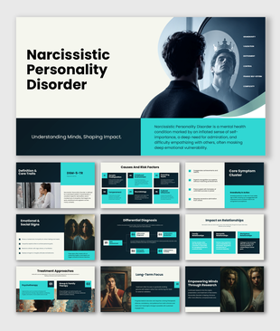 Narcissistic Personality Disorder presentation covering core traits, symptoms, causes, diagnosis, treatment, and relationship