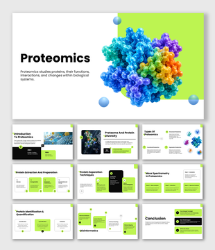Proteomics presentation showing protein analysis, extraction, separation, mass spectrometry, identification, quantification.