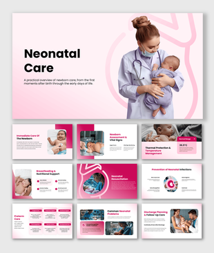 Neonatal Care presentation covering newborn assessment, resuscitation, feeding, infection prevention, and preterm care.