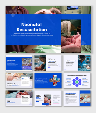 Neonatal resuscitation guide showing newborn assessment, ventilation, CPR, oxygen therapy, and care.