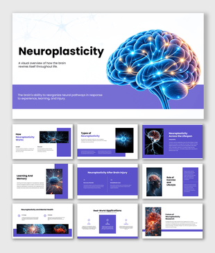 Neuroplasticity presentation showing brain rewiring, learning, memory, recovery, exercise, and mental health.