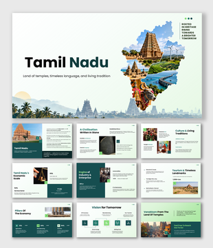 Tamil Nadu powerpoint presentation featuring temples, culture, traditions, economy, tourism, industry, and growth.