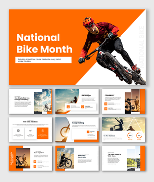 National Bike Month presentation promoting cycling, road safety, fitness, sustainability, and active travel.