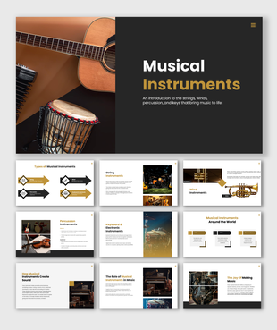 Musical instruments featuring guitar, drums, violin, piano, and brass instruments with their types.