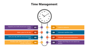 Time Management with multicolor theme, clock infographic, numbered tips, text holders and editable shapes.