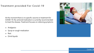 PPT slide showing treatment options for COVID 19, including analgesics and rest, with an image of a patient.
