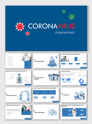 Coronavirus PowerPoint slides about COVID 19 symptoms, diagnosis, treatment, and patient monitoring.