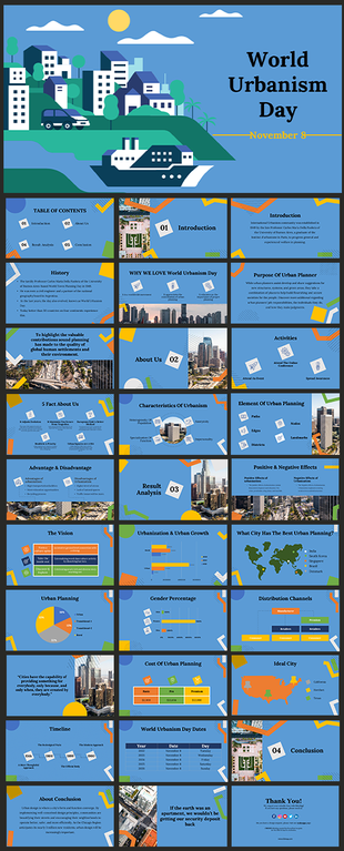 Slide deck featuring colorful graphics and data on urban planning, growth, and cities with a modern, cityscape design.