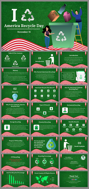 Slide deck featuring green textured background with white and red wave accents, showcasing recycling themed illustrations.