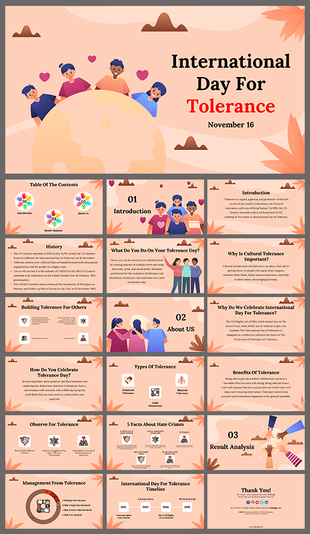 International day for tolerance, featuring slides on the history, importance, and ways to promote tolerance.