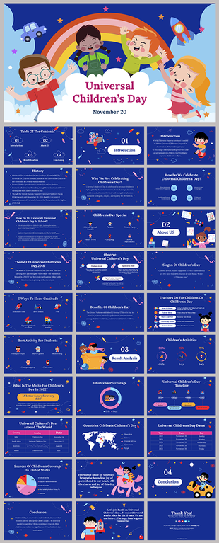 World children's day slide deck on a blue background with a playful illustration of a child, surrounded by stars and clouds.