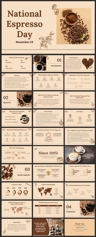 Brown and beige themed slide deck with coffee beans, cups, and text layouts celebrating national espresso day.