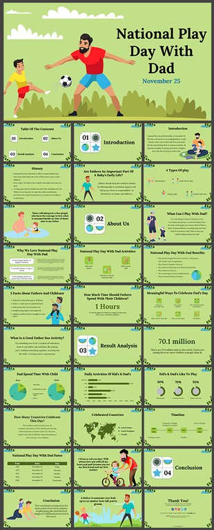 Celebrating National Play day With Dad slides with a guide on playing sports, and family bonding on a green theme.