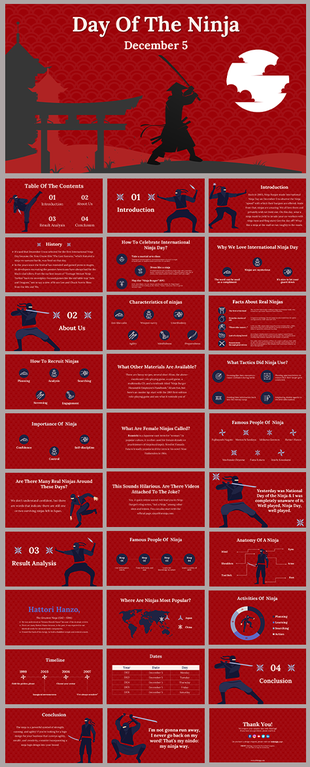 Day of the Ninja slide deck featuring a silhouette of a ninja with a sword in a red background, with a temple and Torii gate.