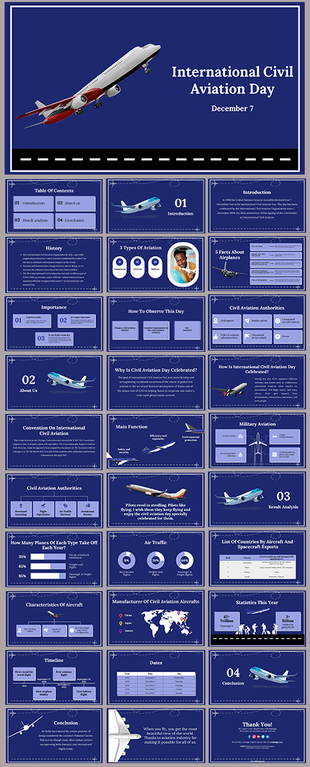 International civil aviation day slide deck with an airplane ascending on a blue background and a runway graphic. 