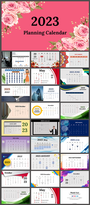 A 2023 calendar slide deck showcasing various monthly styles with decorative and professional layouts.