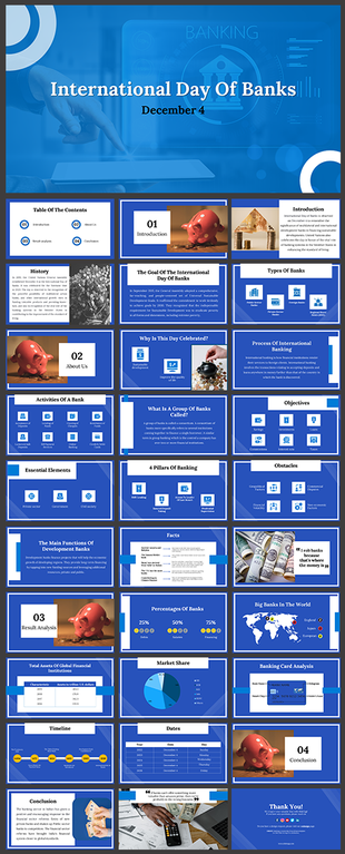 PowerPoint slides for International day of Banks with various sections such as history, types of banks, and facts.