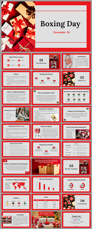 Boxing day slide deck with red themed slides, covering history, traditions, trivia, and celebrations on December 26.
