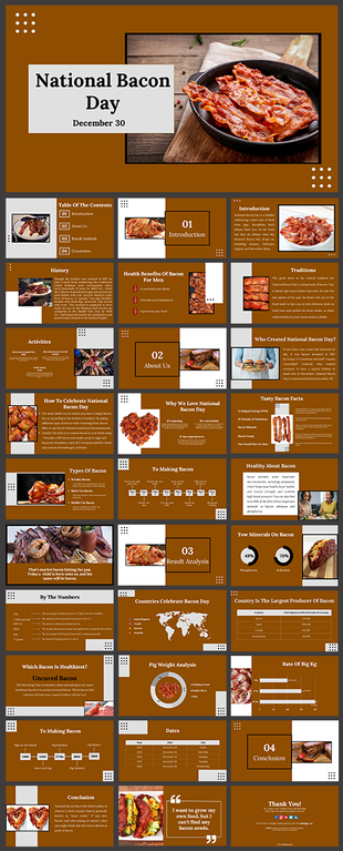 National bacon day slides with a focus on history, health benefits, fun facts, and a breakdown of its consumption and types.