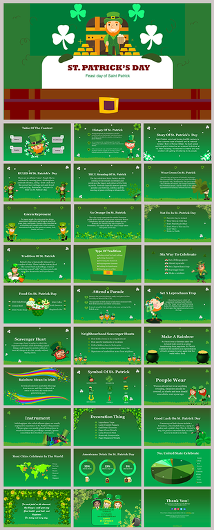 St. Patrick's Day PowerPoint featuring themed slides with leprechauns, shamrocks, and festive green designs.