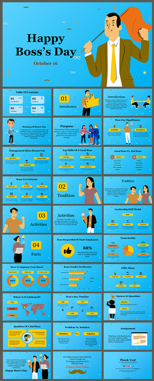 Slide deck celebrating boss's day with illustrated figures in bright blue background, and various facts and traditions.