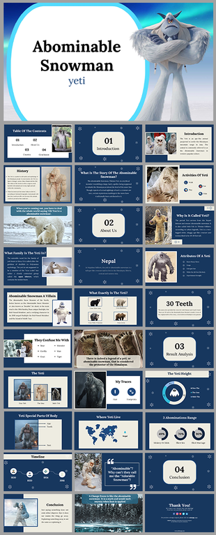 Slide pack with a blue and white color scheme, featuring images of the abominable snowman, timelines, and charts