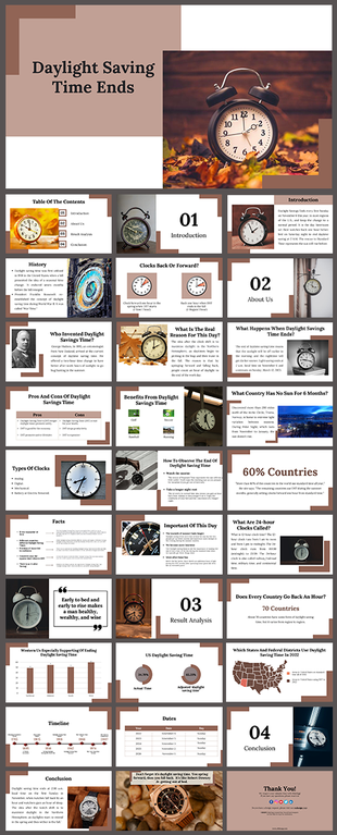 A pack of slides announcing the end of daylight saving time featuring many clocks with text descriptions.