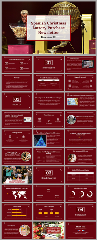 Spanish Christmas lottery slides, with information on ticket prices, and history, featuring festive red backgrounds.