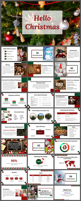 Slide deck showing Christmas traditions, history, activities, and holiday significance with vibrant colors.