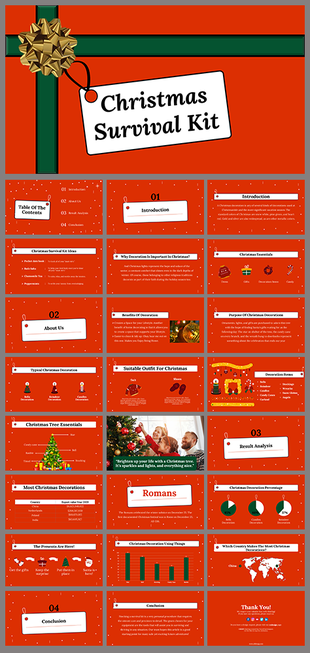 Festive layout featuring a gift bow on the title slide and a series of detailed slides on Christmas planning and analysis.