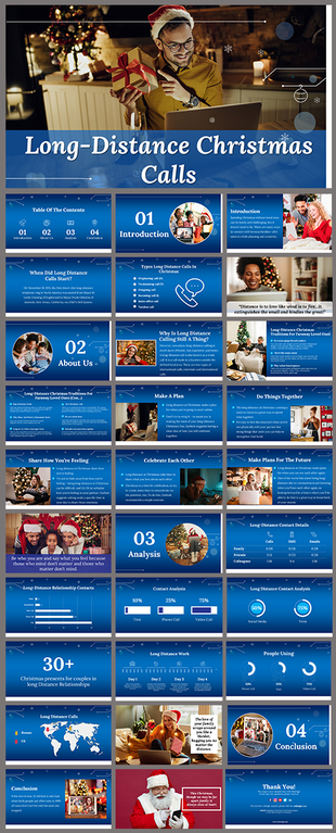 Christmas themed PPT slide deck with sections about long distance Christmas calls, featuring colorful images and graphs.