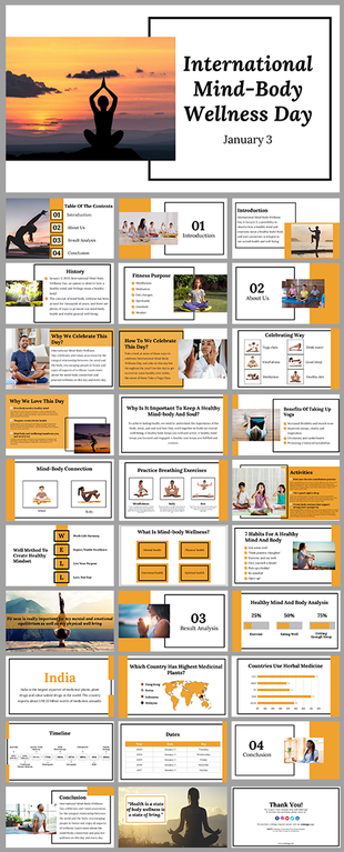 International mind and body wellness day slide deck with a silhouette of a person meditating with the date January 3.