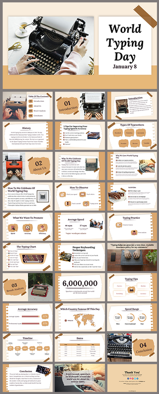 Detailed slide deck design for world typing day, featuring typewriters, infographics, and typing practice content.