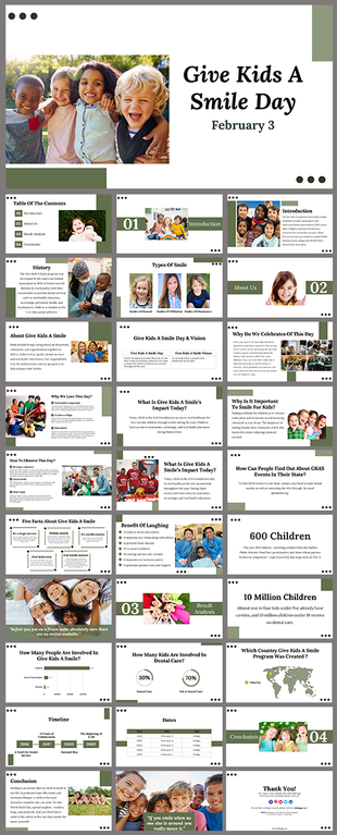 Slide deck for give kids a smile day covering history, impact, benefits, and key statistics, with green accents.