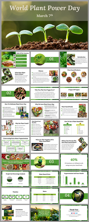 A World Plant Power day slides featuring sections on plant based diets, veganism, and health benefits on a green theme.