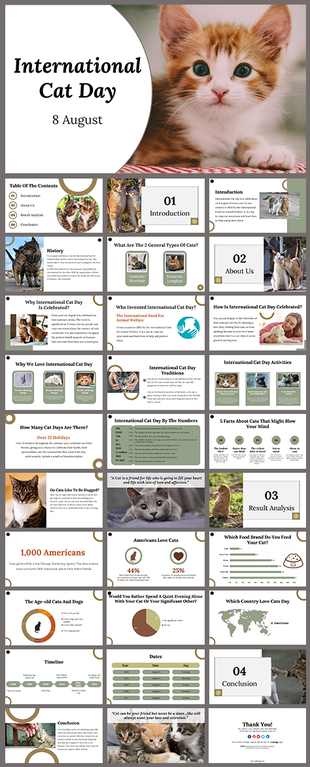 Slide deck celebrating International Cat Day, featuring cat trivia, history, and fun activities for feline enthusiasts.