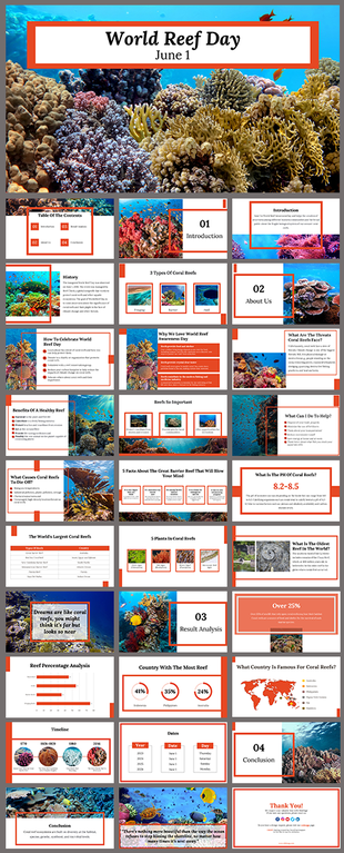 Slides for World Reef day featuring colorful coral reefs and information about the importance of coral reefs for marine life.