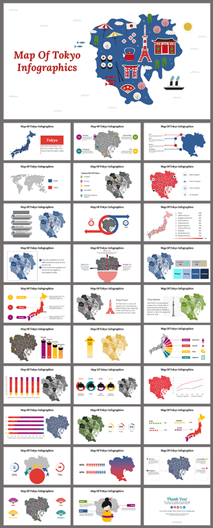 Slide deck showcasing colorful infographics of Tokyo with maps, charts, icons, and cultural symbols in a vibrant layout.
